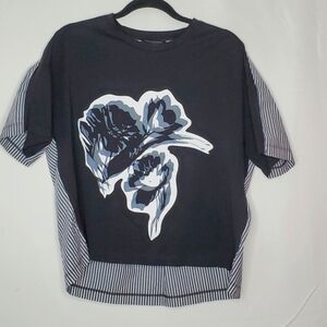 Piazza Sempione Graphic Mixed Print Top Size M Cotton Striped Floral Shirt Rare